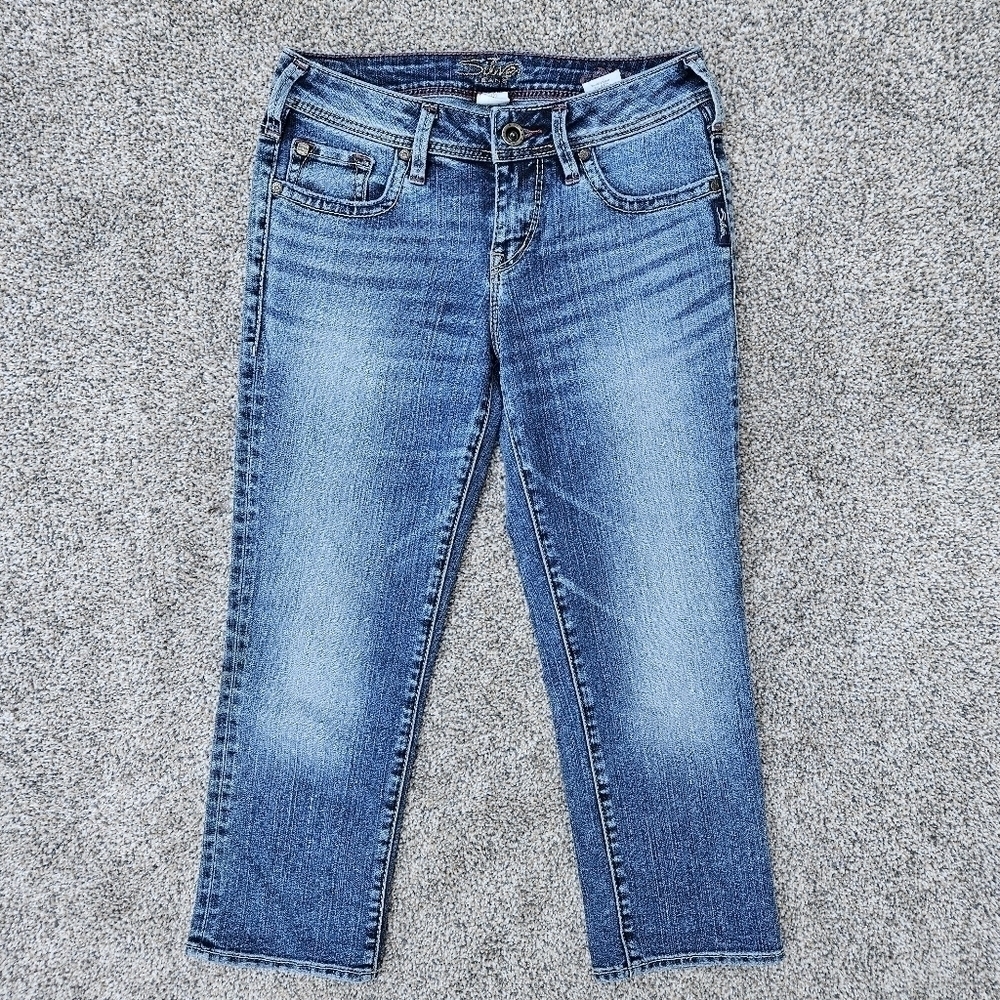 Silver Jeans Aiko Capri Blue Cotton Mid Rise Acid Wash Crop Denim Womens Size 26